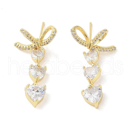 Triple Heart Brass Micro Pave Clear Cubic Zirconia Dangle Earrings with Glass for Women EJEW-L285-008G-1