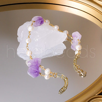 Natural Amethyst & Freshwater Pearl Beaded Link Bracelets for Women PP0485-1