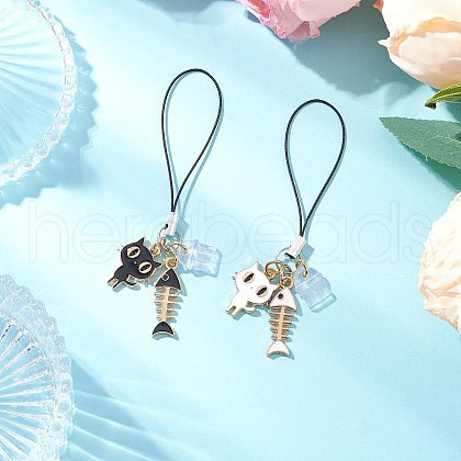 2Pcs Alloy Enamel Cat & Fishbone Charm Mobile Straps HJEW-JM03344-1