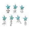 7Pcs 7 Styles Dyed Synthetic Turquoise Starfish & Alloy Sea Animals Pendants PALLOY-JF03752-01-1