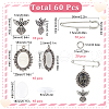 SUNNYCLUE 60Pcs 5 Styles Tibetan Style Alloy Pendants with Iron Brooch Findings TIBE-SC0009-45B-2