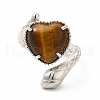 Natural Tiger Eye Heart with Snake Open Cuff Ring RJEW-P082-02P-01-3