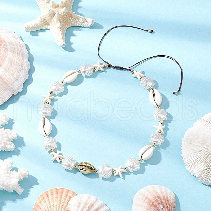 Summer Synthetic Turquoise Starfish & Natural Cowrie Shell & White Imitation Pearl Adjustable Beaded Necklaces NJEW-JN05270-01-1