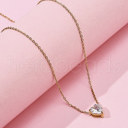304 Stainless Steel Crystal Cubic Zirconia Heart Pendant Necklaces for Women NJEW-Z064-03G-1