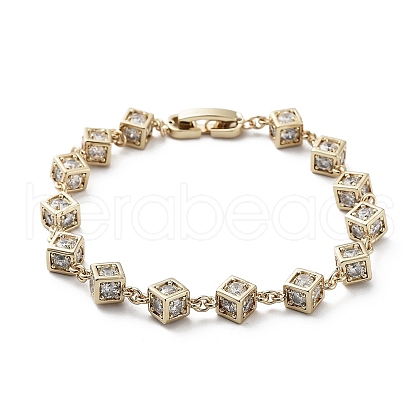 Cube Brass Link Chain Bracelet with Clear Cubic Zirconia BJEW-G690-01G-1