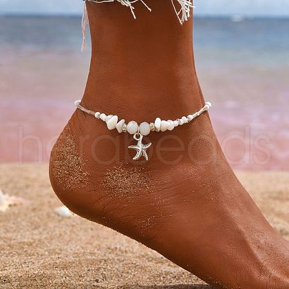 Natural  White Jade Chip & Glass & Iron & Zinc Alloy Starfish Charm Anklets FS-WG7ED01-03-1