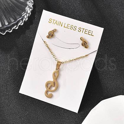 Musical Note 201 Stainless Steel Pendant Necklaces & Stud Earrings Sets for Women SJEW-Q025-03G-1