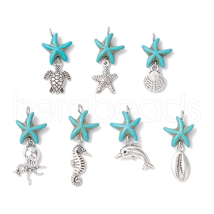 7Pcs 7 Styles Dyed Synthetic Turquoise Starfish & Alloy Sea Animals Pendants PALLOY-JF03752-01-1