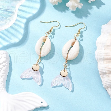 Natural Cowrie Shell Glass Dangle Earrings EJEW-JE06385-01-1