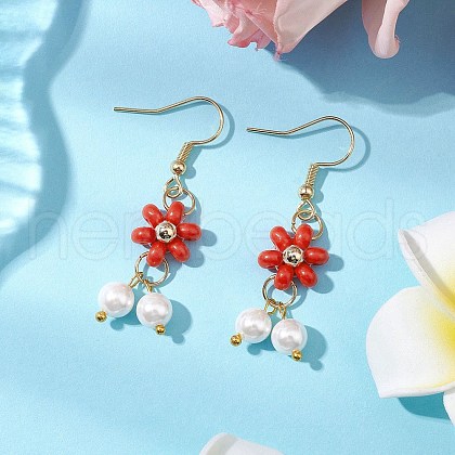 Shell Pearl Beads & Glass Seed Dangle Earrings EJEW-MZ00310-02-1