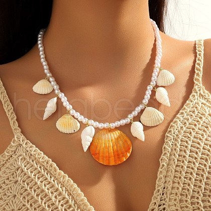 Summer Beach Natural Shell Pendant Glass Seed Beaded Necklaces for Women FS-WGEF253-07-1