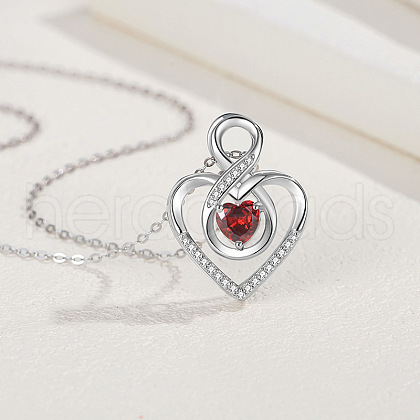 925 Sterling Silver Pave Dark Red Cubic Zirconia Number 8 Heart Pendant Necklaces for Women FS-WGC3057-01-1