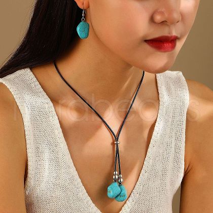 Alloy & Synthetic Turquoise & Imitation Leather Cord Pendant Necklaces & Dangle Earrings Sets FS-WG3CE4D-03-1
