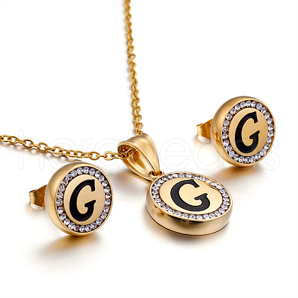 Flat Round with Letter Pattern 304 Stainless Steel Crystal Rhinestone Pendant Necklace & Stud Earring FS-WG33EDD-07-1