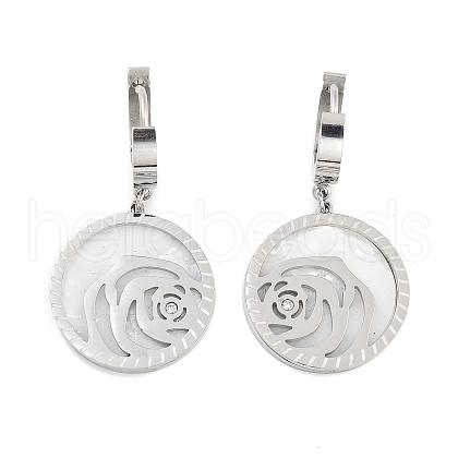 Left and Right Flat Round with Rose 304 Stainless Steel Shell Dangle Earrings EJEW-L283-070P-1