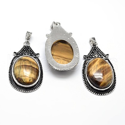 Oval Antique Silver Zinc Alloy Natural Tiger Eye Big Pendants G-F228-27A-FF-1