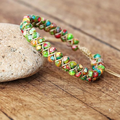 Dyed Natural Imperial Jasper Round Beaded Braided Bead Bracelets WGA4FF5-06-1