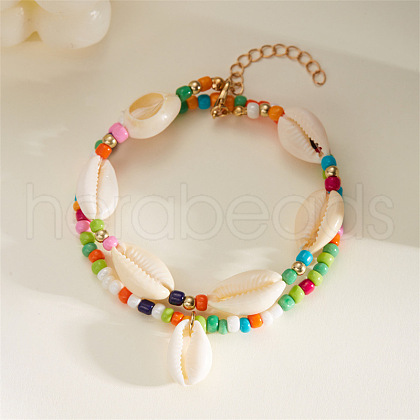 Bohemian Style Natural Cowrie Shell Charm & Glass Seed Beaded Stretch Double Layer Anklets for Women FS-WGC801A-02-1