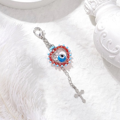 Handmade Evil Eye Lampwork & Glass Seed Beaded Heart Pendant Decorations HJEW-MZ00211-01-1