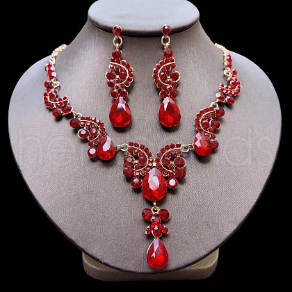 Teardrop Alloy Rhinestone Pendant Necklaces & Stud Earrings Sets FS-WG537BF-04-1