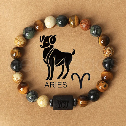 12 Constellations Natural Tiger Eye & Picture Jasper Round Beaded Stretch Bracelets for Men Women WG21EC3-01-1