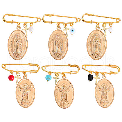 6Pcs 6 Style Religion Virgin Mary Alloy Charm Brooches JEWB-AB00021-1