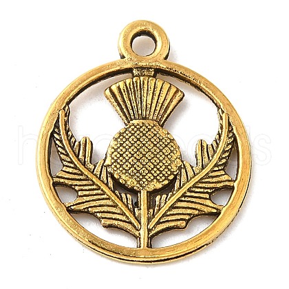 Tibetan Style Alloy Flat Round with Flower Scotland Thistle Pendants TIBEP-24054-AG-FF-1