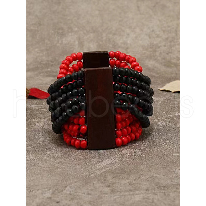 Ethnic Style Cross Wood Round Beaded Stretch Bracelets for Men Women FS-WG3B194-02-1