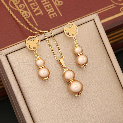 Butterfly & Gourd Stainless Steel & Plastic Imitation Pearl Pendant Necklace & Stud Dangle Earring FS-WGB6B23-05-1