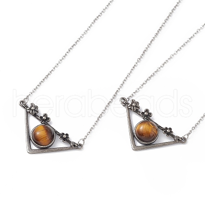 Natural Tiger Eye Triangle with Flower Pendant Necklace NJEW-P274-01AS-01-1