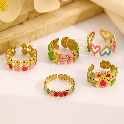 5Pcs Adjustable 304 Stainless Steel Enamel Cuff Rings for Women RJEW-V004-08G-1