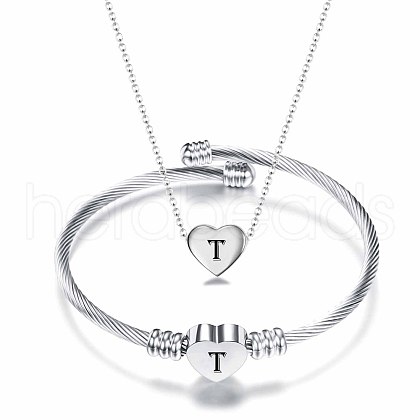 Heart with Letter Pattern 304 Stainless Steel Cuff Bangle & Pendant Necklace FS-WGA0158-20-1
