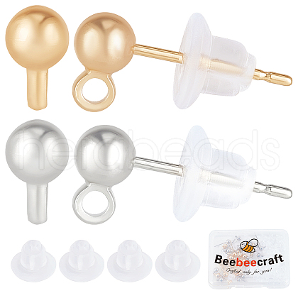 Beebeecraft 40Pcs 2 Style Brass Ball Stud Earring Post KK-BBC0003-73-1