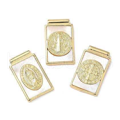 Brass Pave Natural White Shell Religion Rectangle Pendants KK-Q068-32G-1