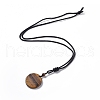 Natural Tiger Eye Flat Round with Flower of Life Pendant Necklace with Nylon Cord for Women NJEW-P274-02-01-2