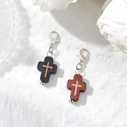 2Pcs Natural Wood Cross Pendant Decorations HJEW-JM03264-1