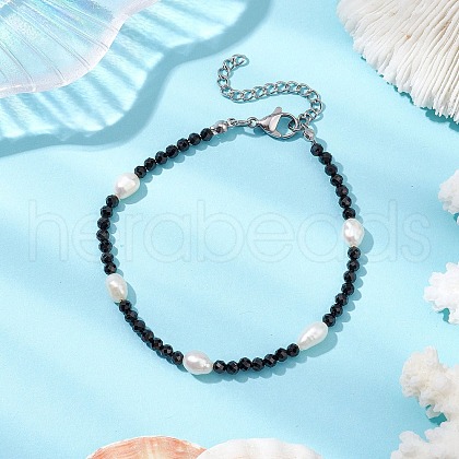 Natural Black Spinel &  Cultured Freshwater Pearl  Beads Beaded Bracelets for Woman BJEW-JB11268-1