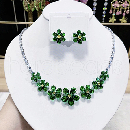 Flower Brass Micro Pave Cubic Zirconia Necklaces & Stud Earrings Sets FS-WG9424F-02-1