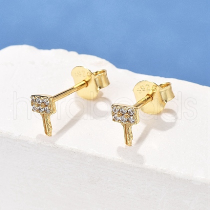 Key S925 Sterling Silver Micro Pave Clear Cubic Zirconia Stud Earrings for Women EJEW-K307-03B-G-1