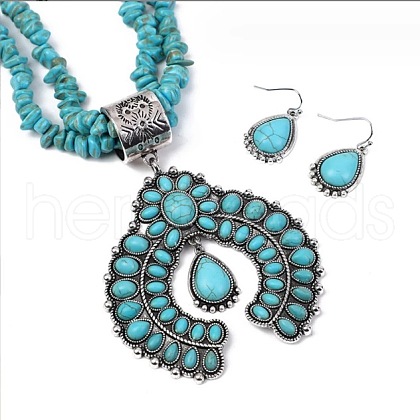 Bohemia Western Squash Blossom Synthetic Turquoise Statement Necklace & Dangle Earrings Sets FS-WGF8C18-01-1