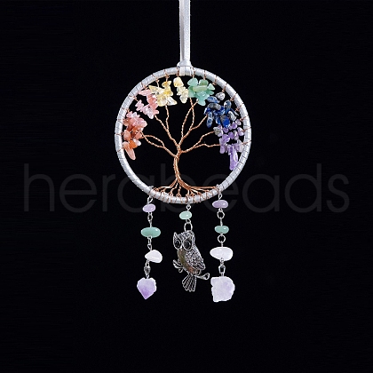 Natural & Synthetic Mixed Gemstone Tree of Life with Owl Hanging Ornaments TREE-PW0002-12-1