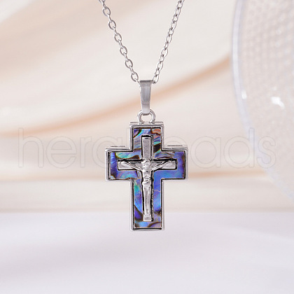Brass Pave Natural Paua Shell Religion Jesus Cross Pendant Necklaces for Women FS-WGAAB84-04-1
