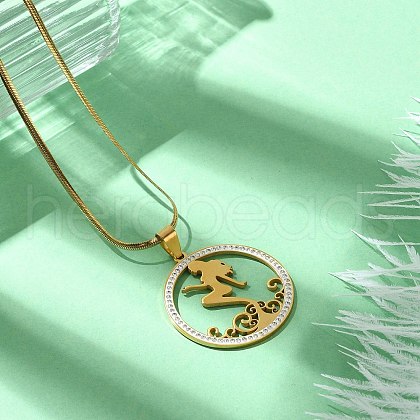 304 Stainless Steel Crystal Rhinestone Ring with Mermaid Pendant Necklaces for Women NJEW-P327-02G-1