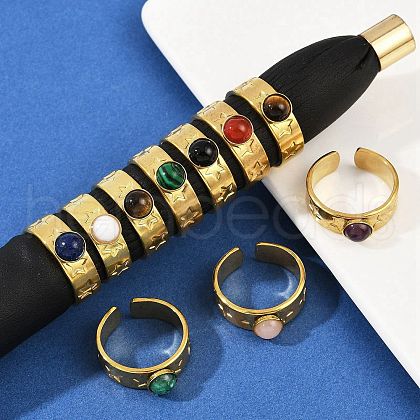 316 Stainless Steel with Natural Mixed Gemstone Cuff Rings RJEW-Z098-01G-15-1