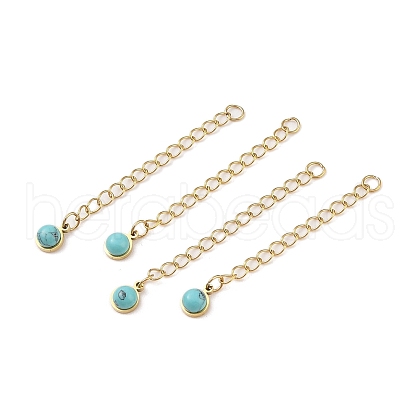 Ion Plating(IP) 316 Surgical Stainless Steel Curb Chain Extender with Synthetic Turquoise Round Charm STAS-A097-01G-14-1