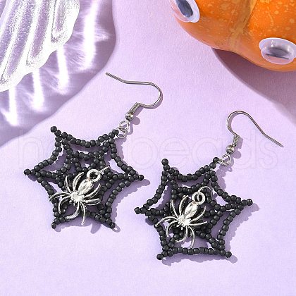 Halloween Theme Spider Web with Spider Handmade Glass Seed Beaded Dangle Earrings EJEW-MZ00481-01-1
