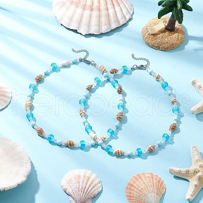 Summer Beach Natural Shell & Glass & Synthetic Turquoise Beaded Necklaces for Women NJEW-JN05247-1
