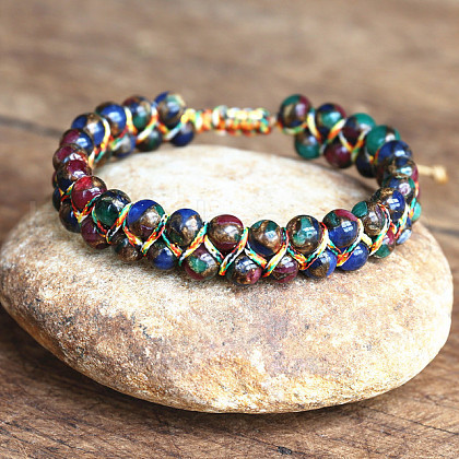 Dyed Natural Imperial Jasper Round Beaded Braided Bead Bracelets WGA4FF5-07-1