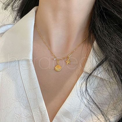 Shell Shape & Starfish 304 Stainless Steel Rhinestone Pendant Necklaces for Women NJEW-M107-02G-1