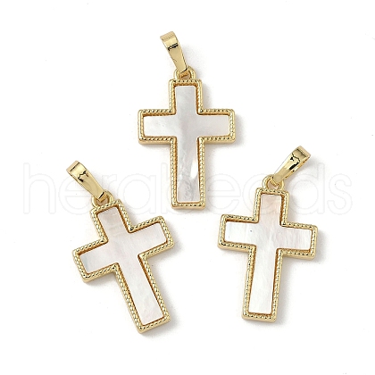 Brass Pave Natural White Shell Pendants KK-Z115-12G-1